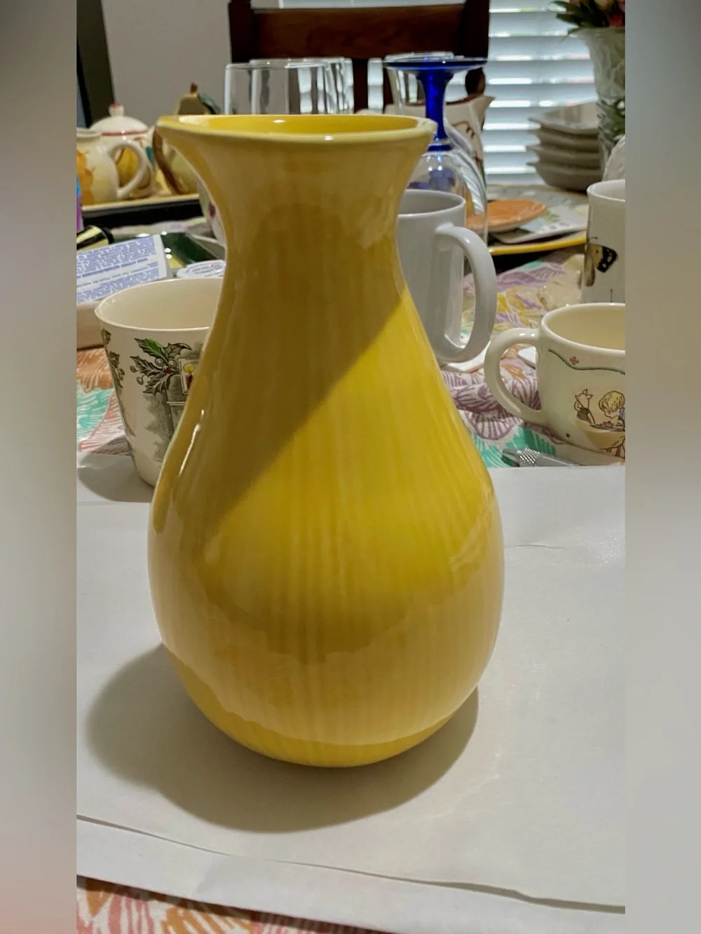 Crate & Barrels Barbara Eigen Yellow Contemporary Ribbed Vase. asymmetrical Top.